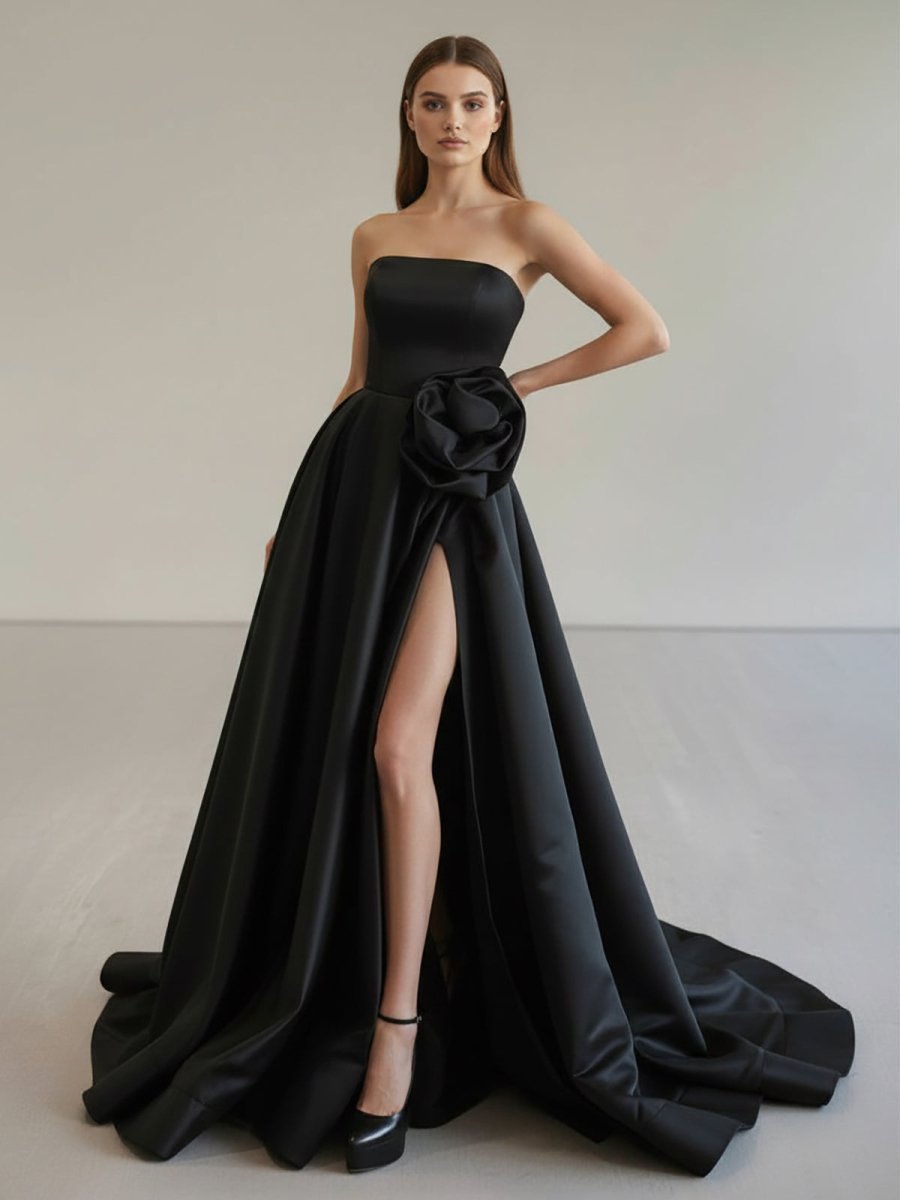 Black Strapless Satin Long Prom Dress With High Split