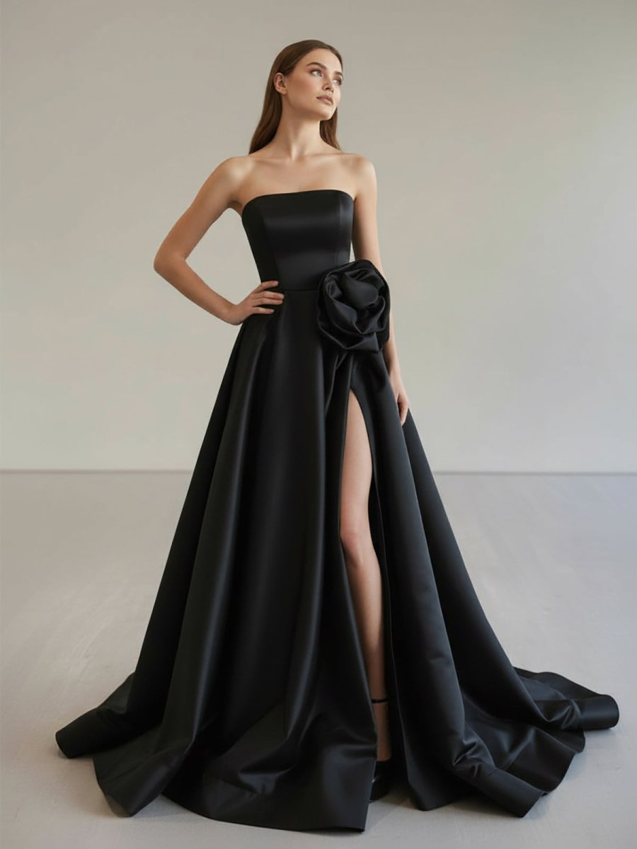 Black Strapless Satin Long Prom Dress With High Split