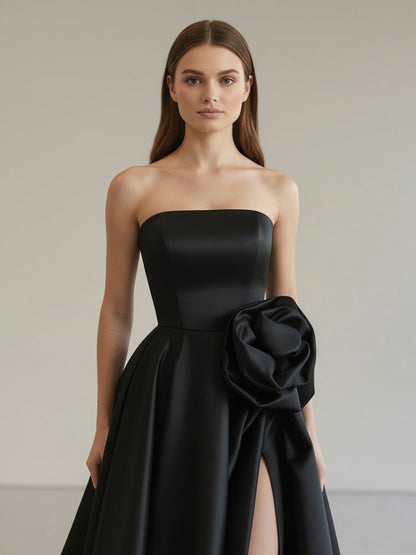 Black Strapless Satin Long Prom Dress With High Split