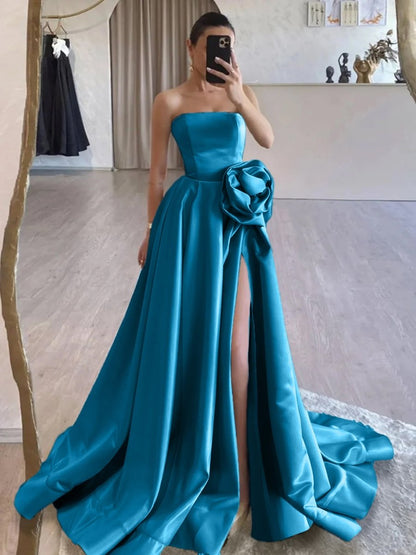 Black Strapless Satin Long Prom Dress With High Split