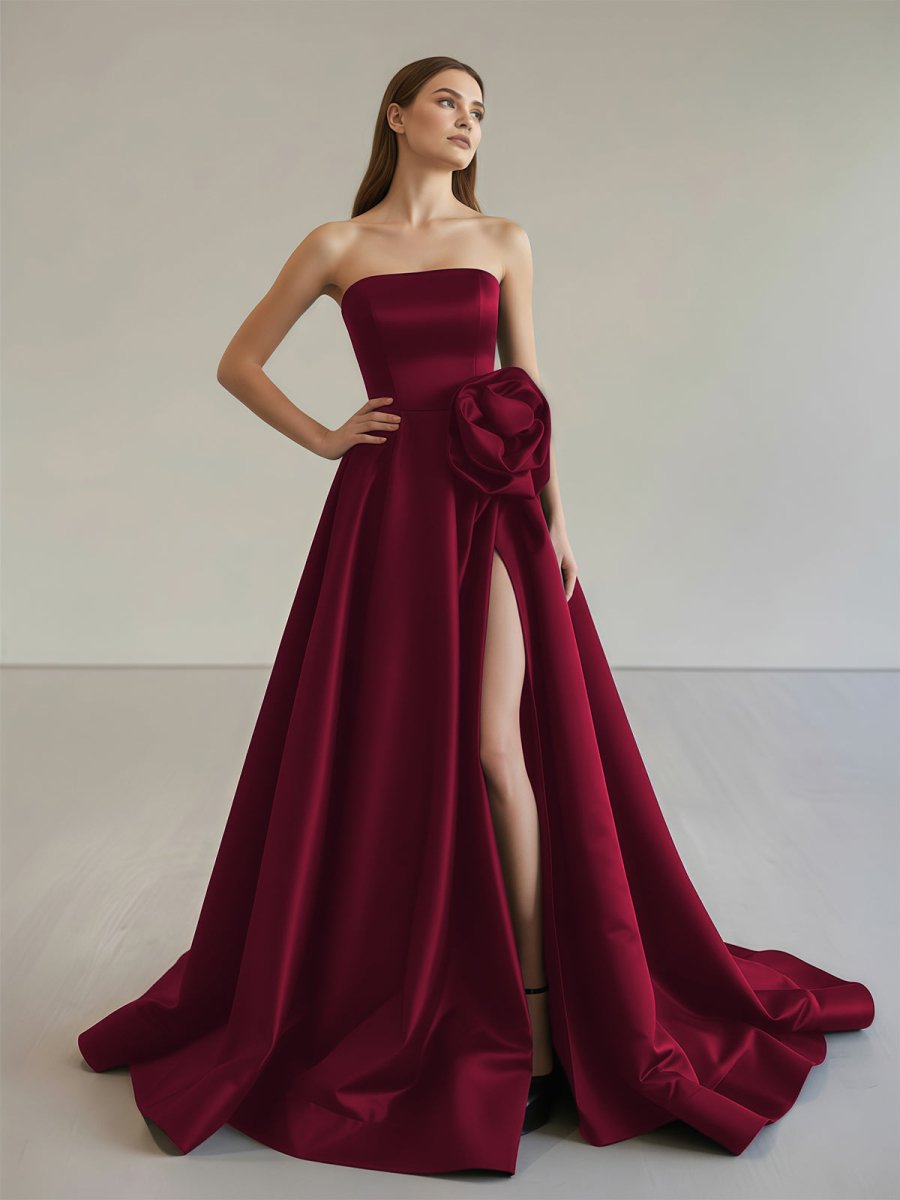 Black Strapless Satin Long Prom Dress With High Split
