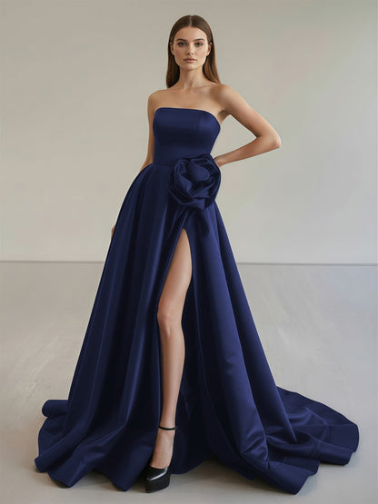 Black Strapless Satin Long Prom Dress With High Split