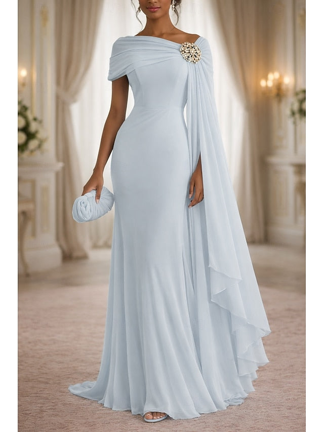 Sleeveless One Shoulder Cape Sleeve Mermaid Beaded Evening Dress