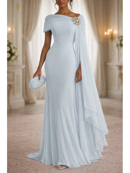Sleeveless One Shoulder Cape Sleeve Mermaid Beaded Evening Dress