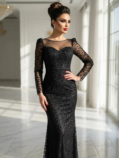 Beaded Long Sleeve Mermaid Floor-Length Women Evening Dress