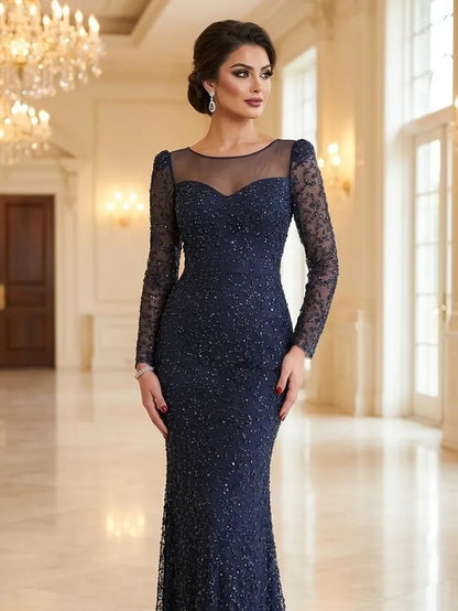 Beaded Long Sleeve Mermaid Floor-Length Women Evening Dress