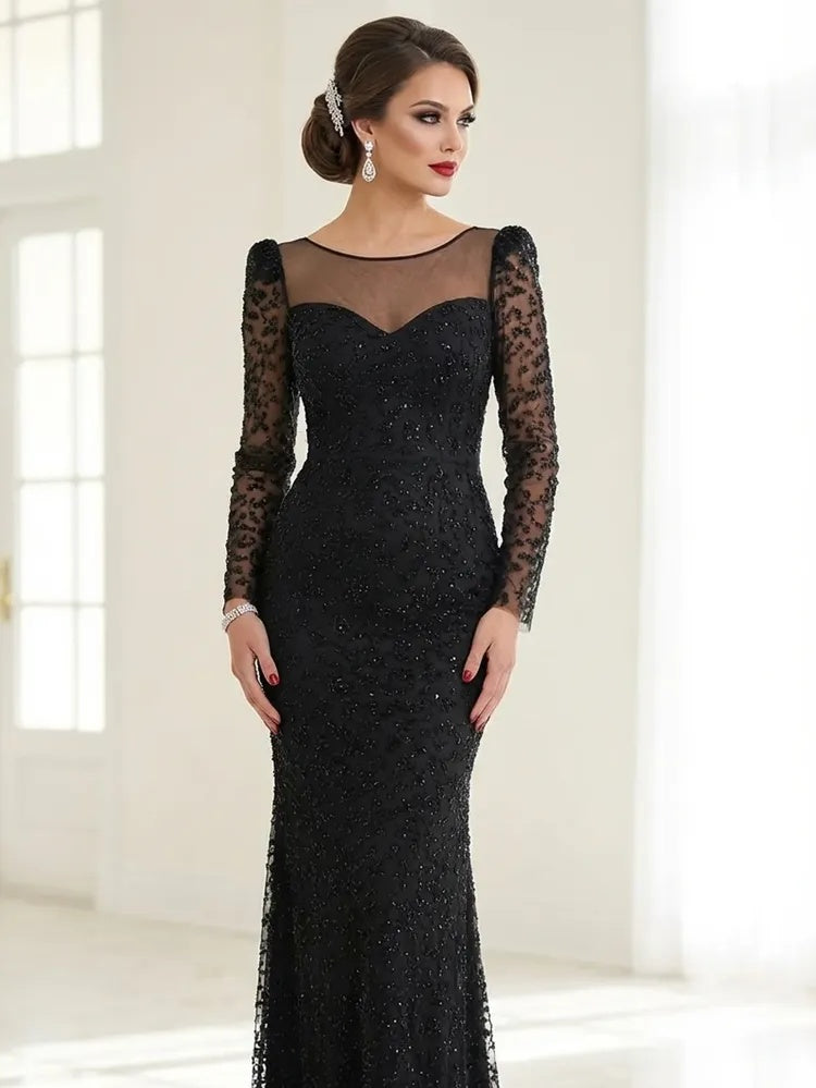 Beaded Long Sleeve Mermaid Floor-Length Women Evening Dress