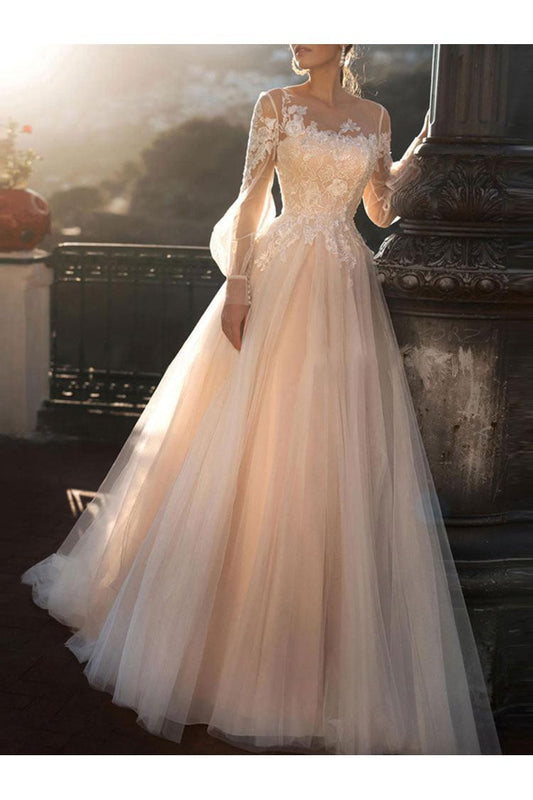 Wedding Dresses A-line Illusion Neck Long Sleeve Long Tulle Pleated Bridal Dress With Train