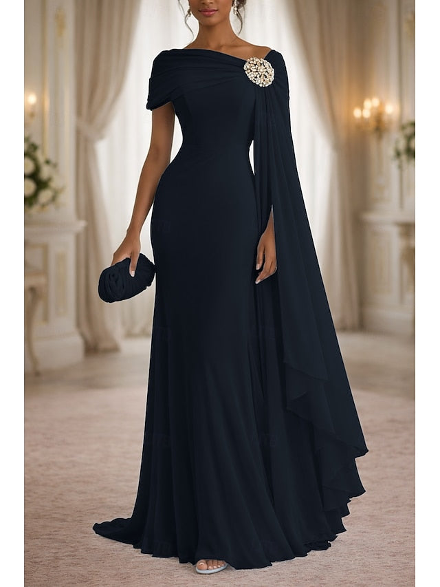 Sleeveless One Shoulder Cape Sleeve Mermaid Beaded Evening Dress