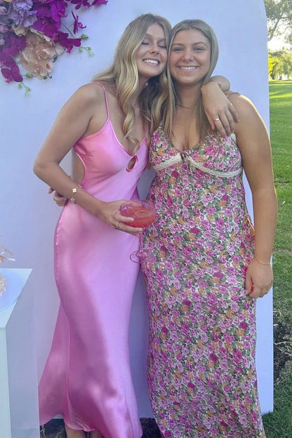 Scoop Neck Pink Sheath Satin Long Prom Dress