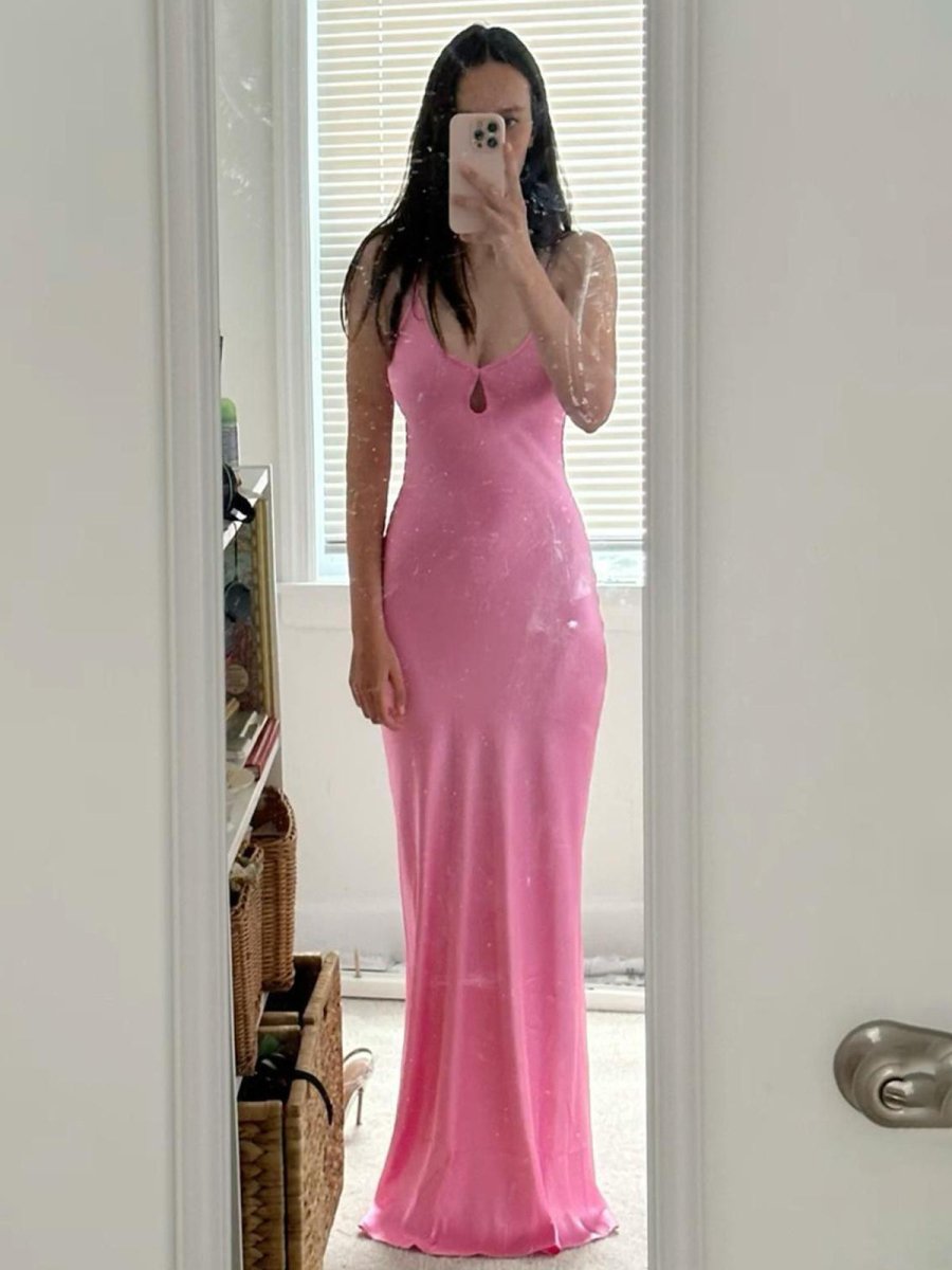 Scoop Neck Pink Sheath Satin Long Prom Dress