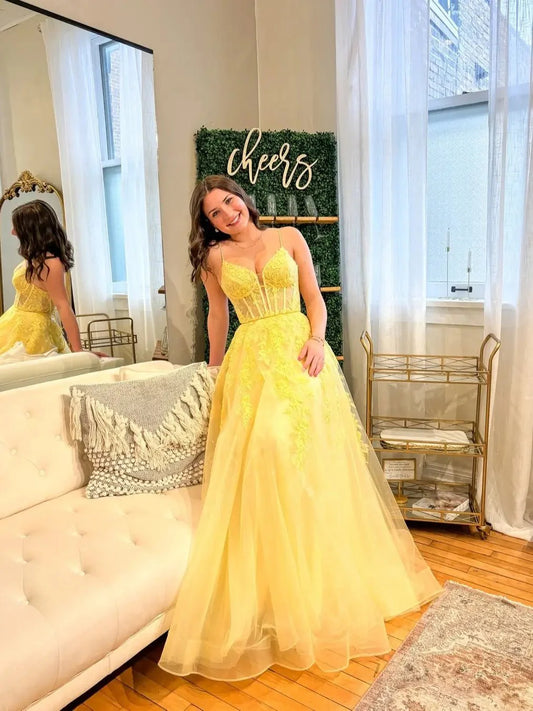 Yellow Lace Tulle Prom Dress with Spaghetti Strap Sweetheart Neckline Sheer Boned