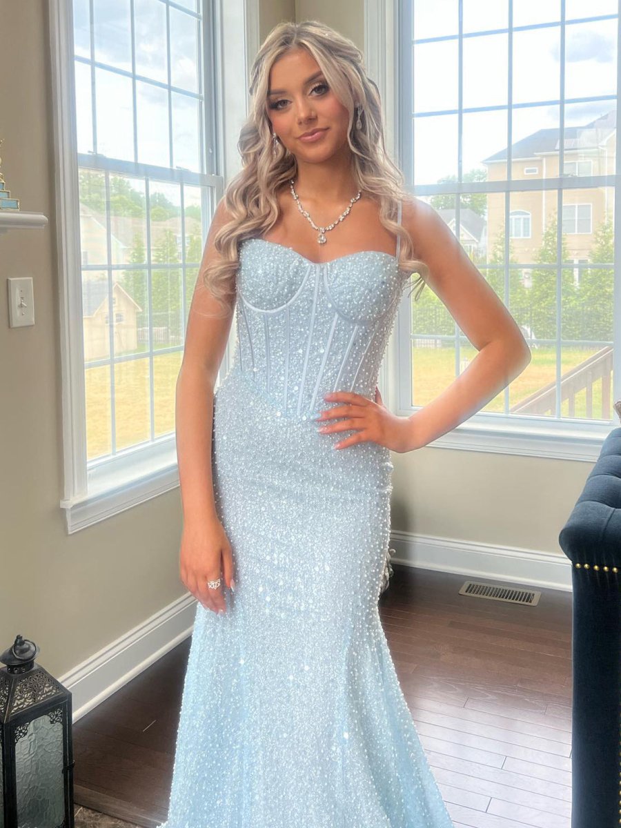 Mermaid Sweetheart Sky Blue Sequins Prom Dresses