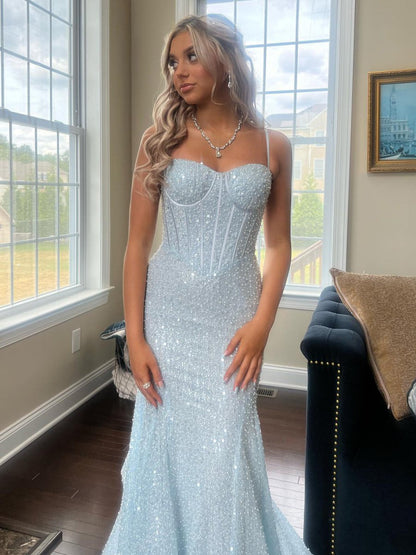 Mermaid Sweetheart Sky Blue Sequins Prom Dresses