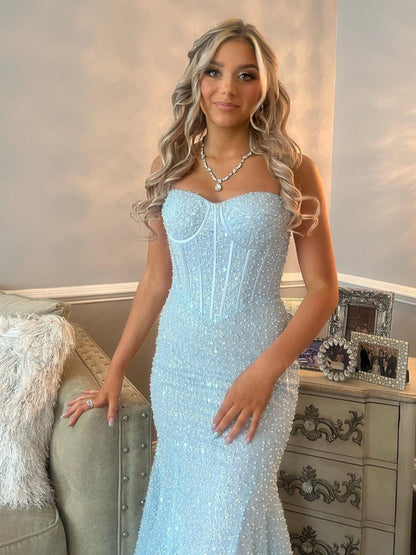Mermaid Sweetheart Sky Blue Sequins Prom Dresses