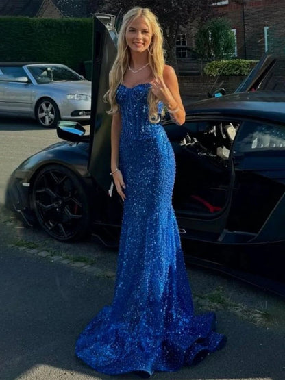 Mermaid Sweetheart Sky Blue Sequins Prom Dresses