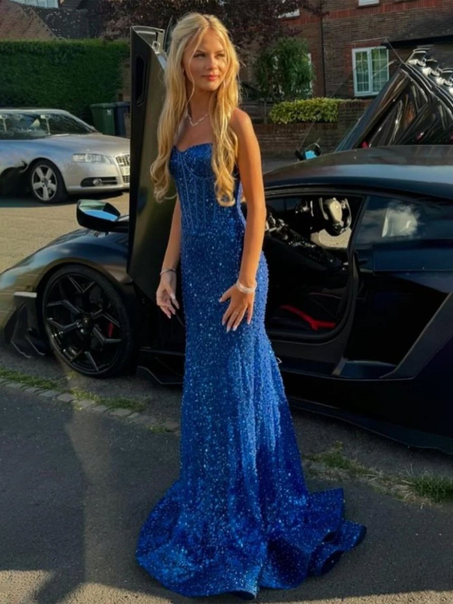 Mermaid Sweetheart Sky Blue Sequins Prom Dresses