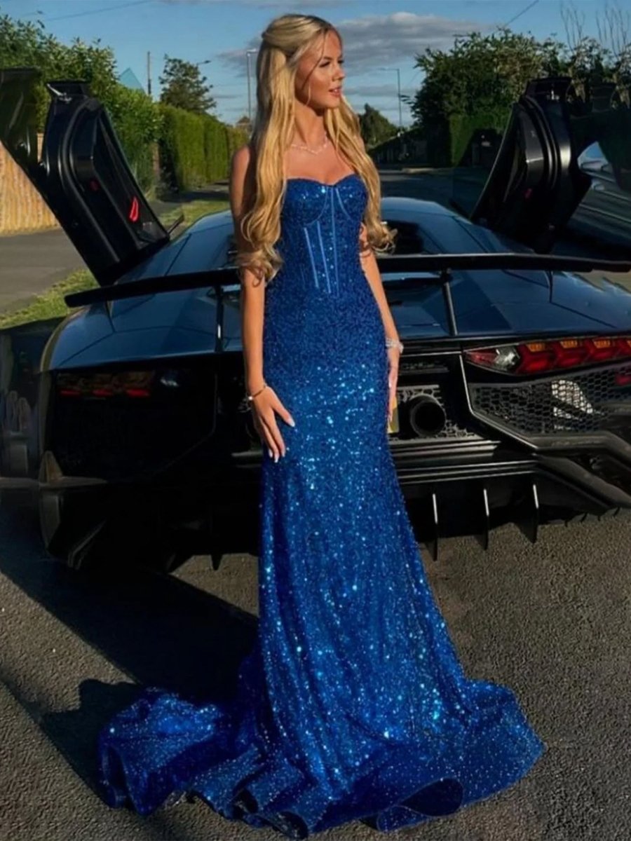 Mermaid Sweetheart Sky Blue Sequins Prom Dresses