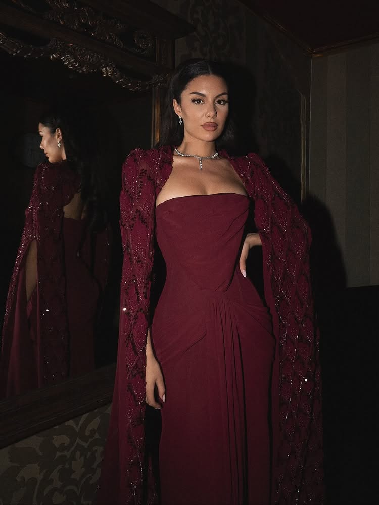 Red Cape Sleeve Sequins Sparkle Mermaid Evening Dress Women