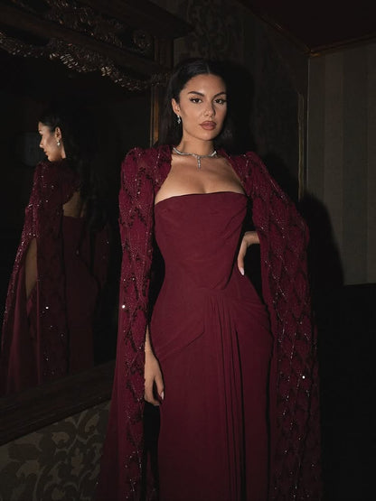 Red Cape Sleeve Sequins Sparkle Mermaid Evening Dress Women