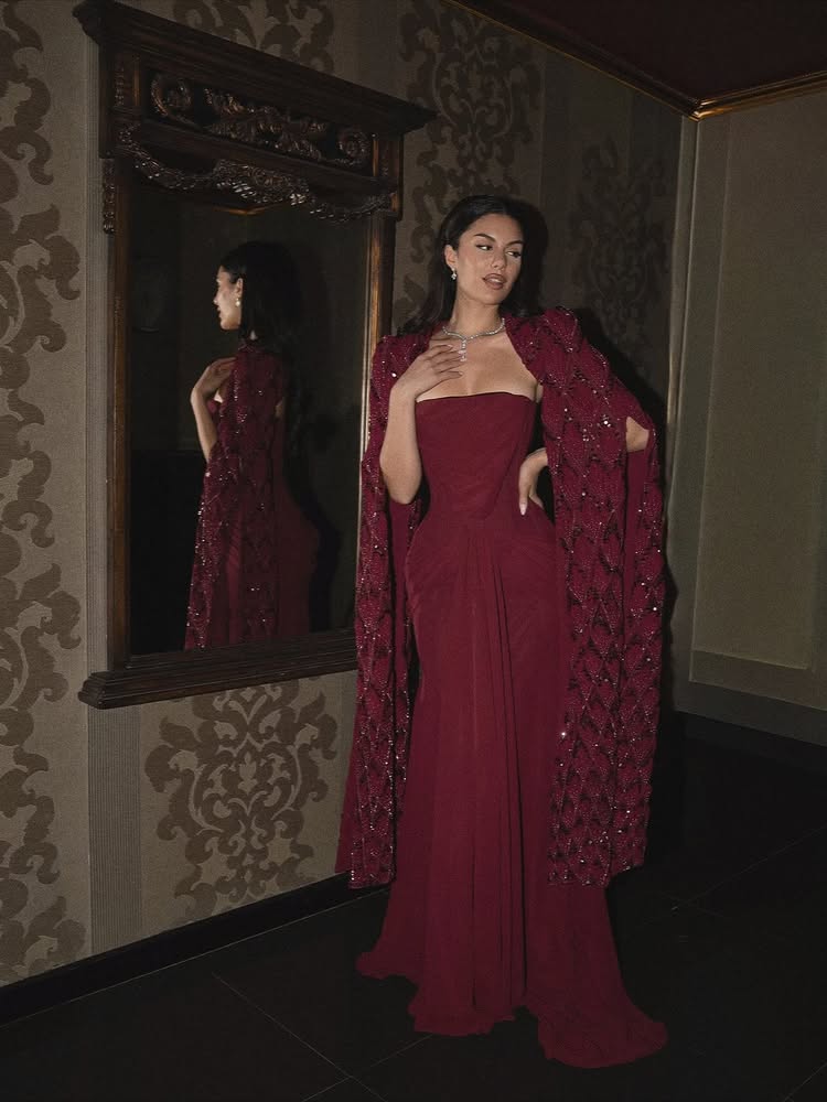 Red Cape Sleeve Sequins Sparkle Mermaid Evening Dress Women