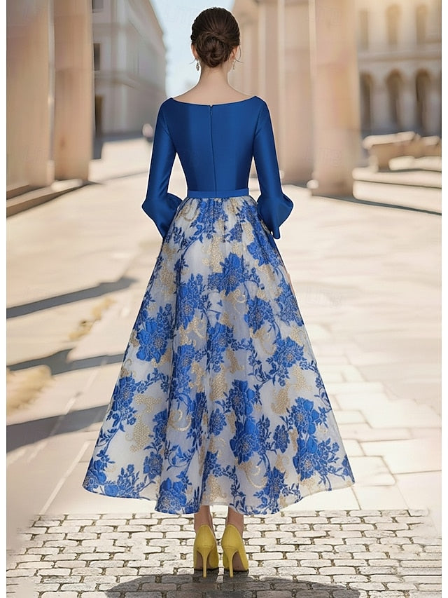 V-Neck Long Sleeve Flower Floral Print A-Line Ankle-Length Evening Dress