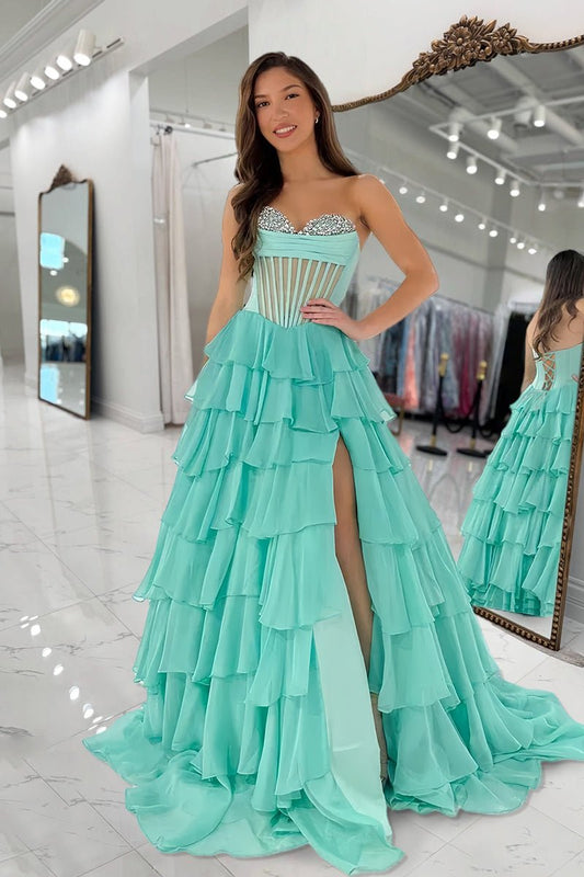 Sage - Strapless A Line Chiffon Ruffled Formal Prom Dresses With Beading